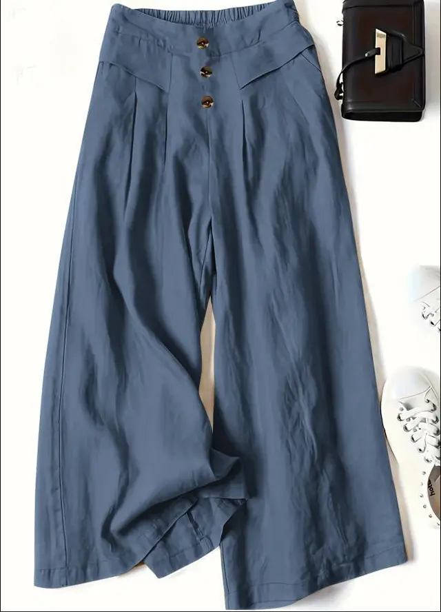 Women's Cotton And Linen Wide leg Pants Draping Loose Half Elastic High Waist Slimming Sapphire Blue - Shop at LoveMi