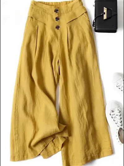 Women's Cotton And Linen Wide leg Pants Draping Loose Half Elastic High Waist Slimming Sunflower S - Shop at LoveMi