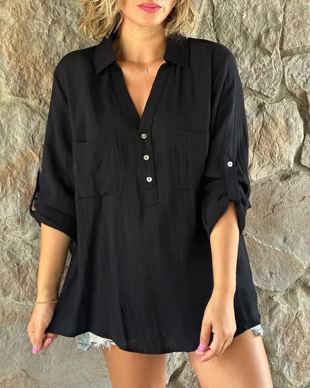 Solid Color Cotton And Linen Button Long Sleeve Casual Shirt Black - Shop at LoveMi