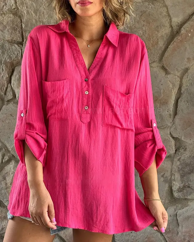 Solid Color Cotton And Linen Button Long Sleeve Casual Shirt Rose Red - Shop at LoveMi
