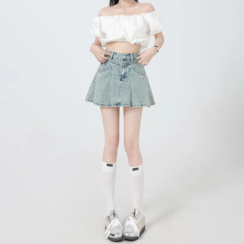 Retro High Waist Slimming Light Blue Denim Pleated Skirt Light Blue - Shop at LoveMi