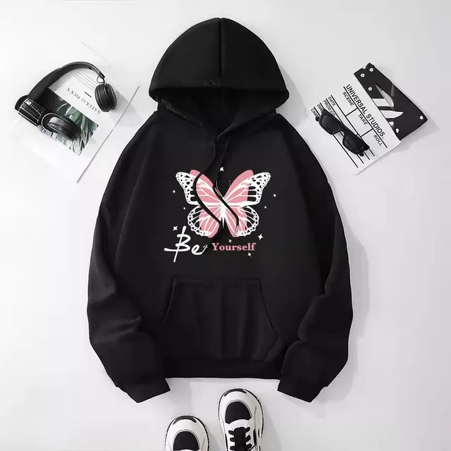 Female Butterfly Be Yourself Printed Women's Hooded Sweater Black - Shop at LoveMi