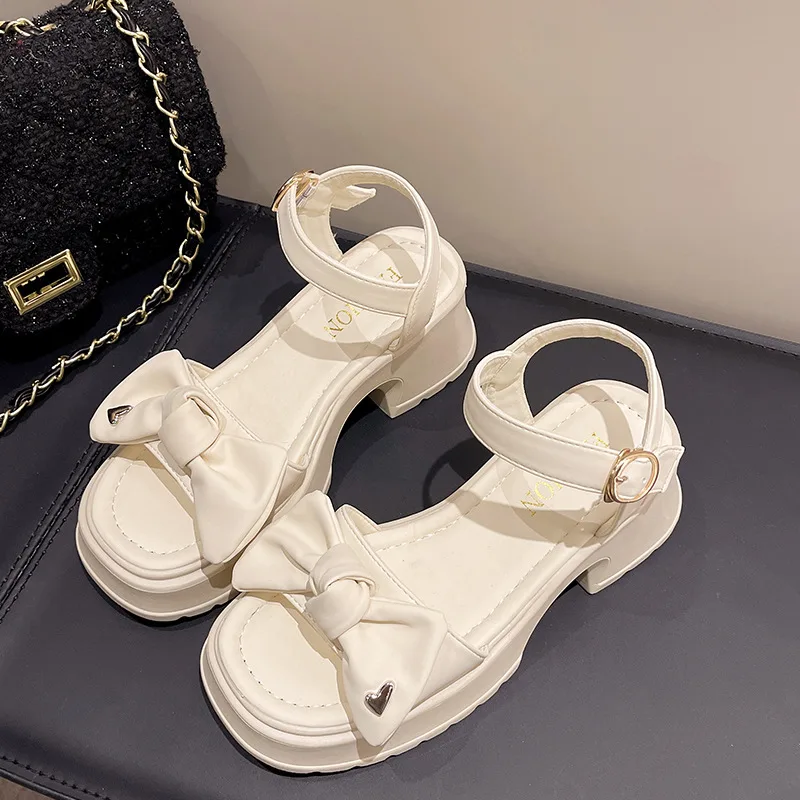 New Bow Chunky Heel Ankle strap Fashion Beach Shoes Beige - Shop at LoveMi