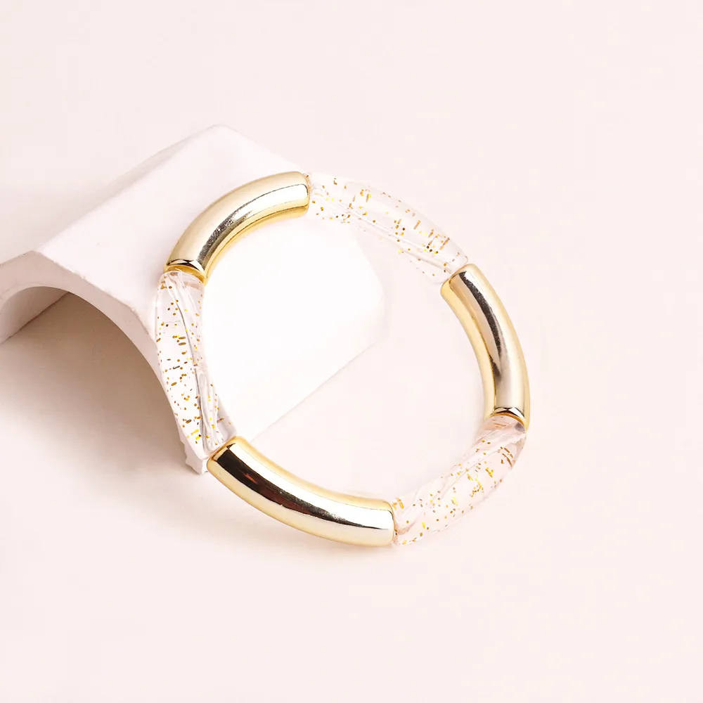 Women's Creative Tube Bead Elastic Acrylic Two-color Elbow Round Tube Bracelet - No 28 Color Gold Powder