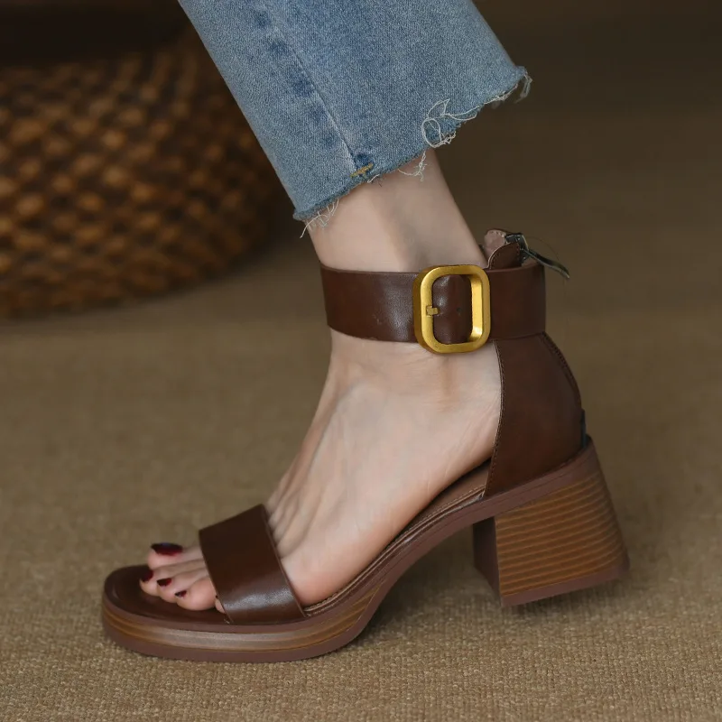 British Style Retro Strap Sandals Chunky Heel Brown - Shop at LoveMi