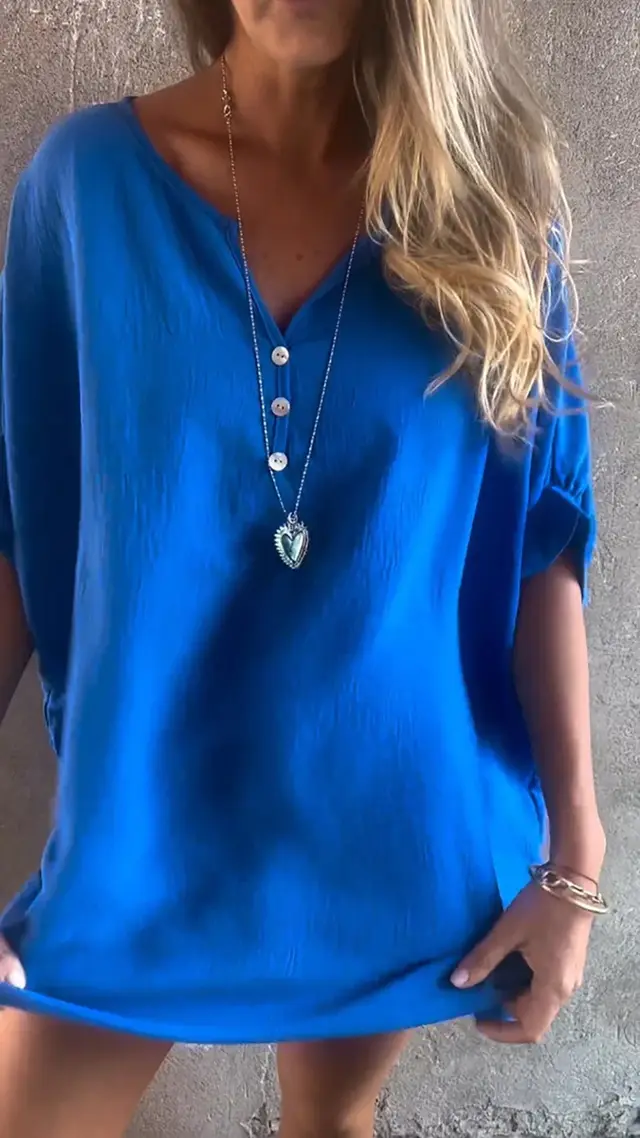 Solid Color Collarless Loose Casual Button Shirt Blue - Shop at LoveMi