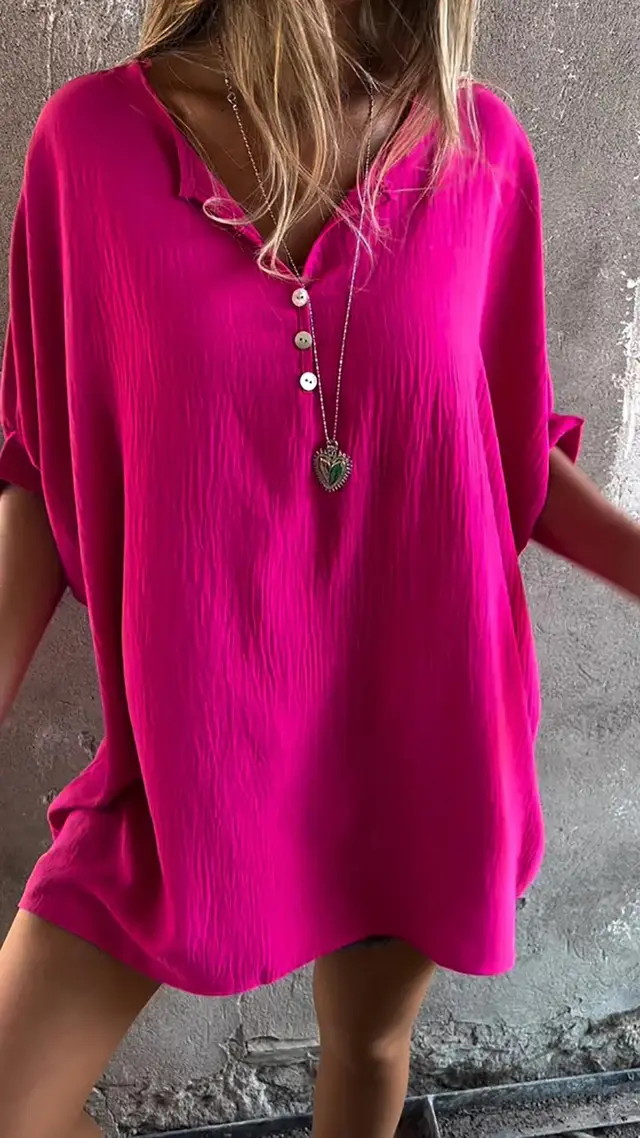 Solid Color Collarless Loose Casual Button Shirt Rose Red - Shop at LoveMi
