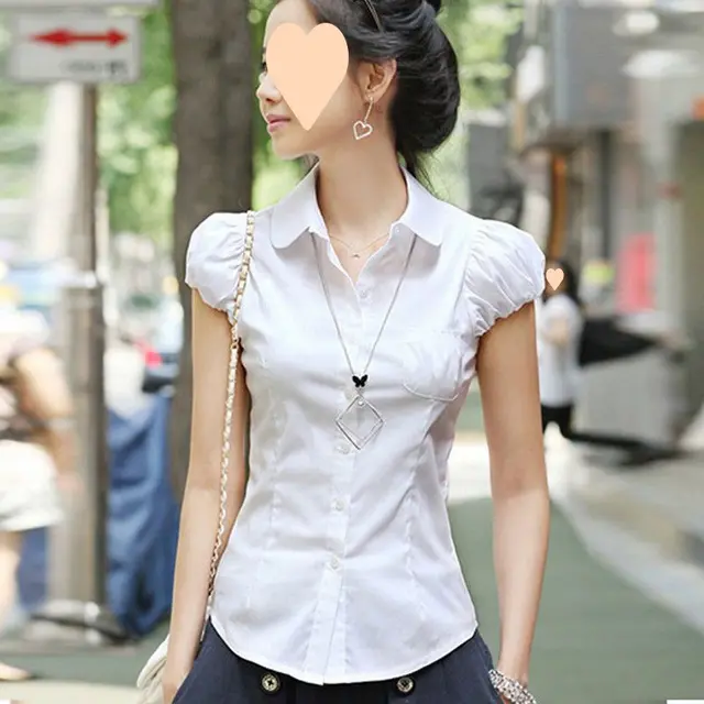 Women's Puff Sleeve Short Sleeve White Professional Slim Fit Shirt White - Shop at LoveMi
