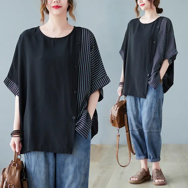 Artistic Temperament Cotton And Linen Stripes Stitching Plus Size Slimming Short Sleeve Color Matching - Shop at LoveMi