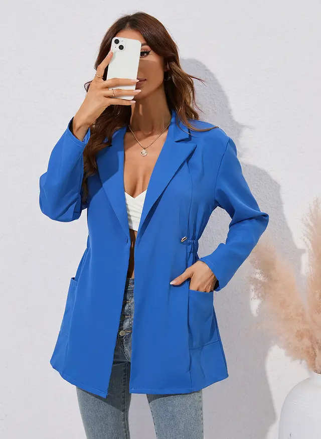 Fall And Winter Lapels Small Suit Mid length Long Sleeve Jacket 105017 Blue - Shop at LoveMi