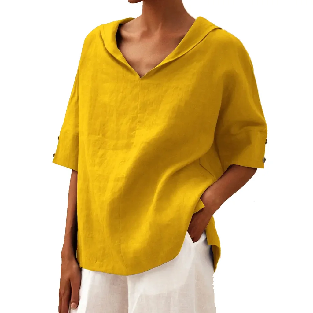 Women's Solid Color Cotton And Linen Loose Shirt - Yellow
