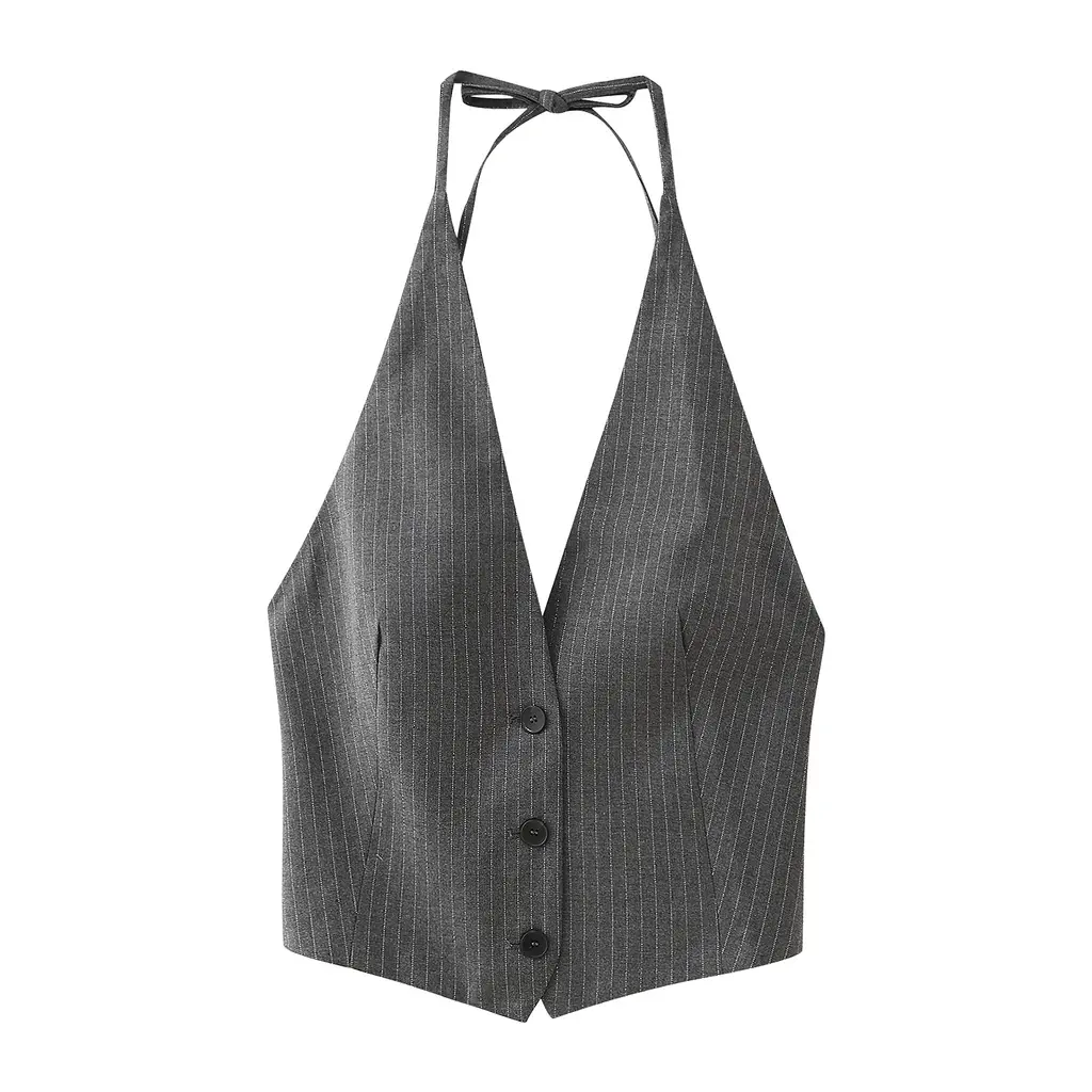 Women's V-neck Backless Pinstripe Vest