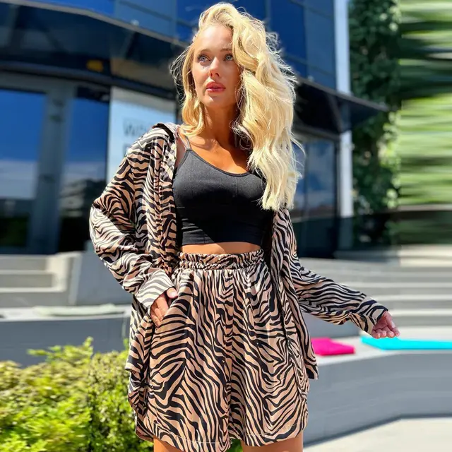 Women's Leopard print Shirt Loose Shorts Suit Brown Zebra - Shop at LoveMi