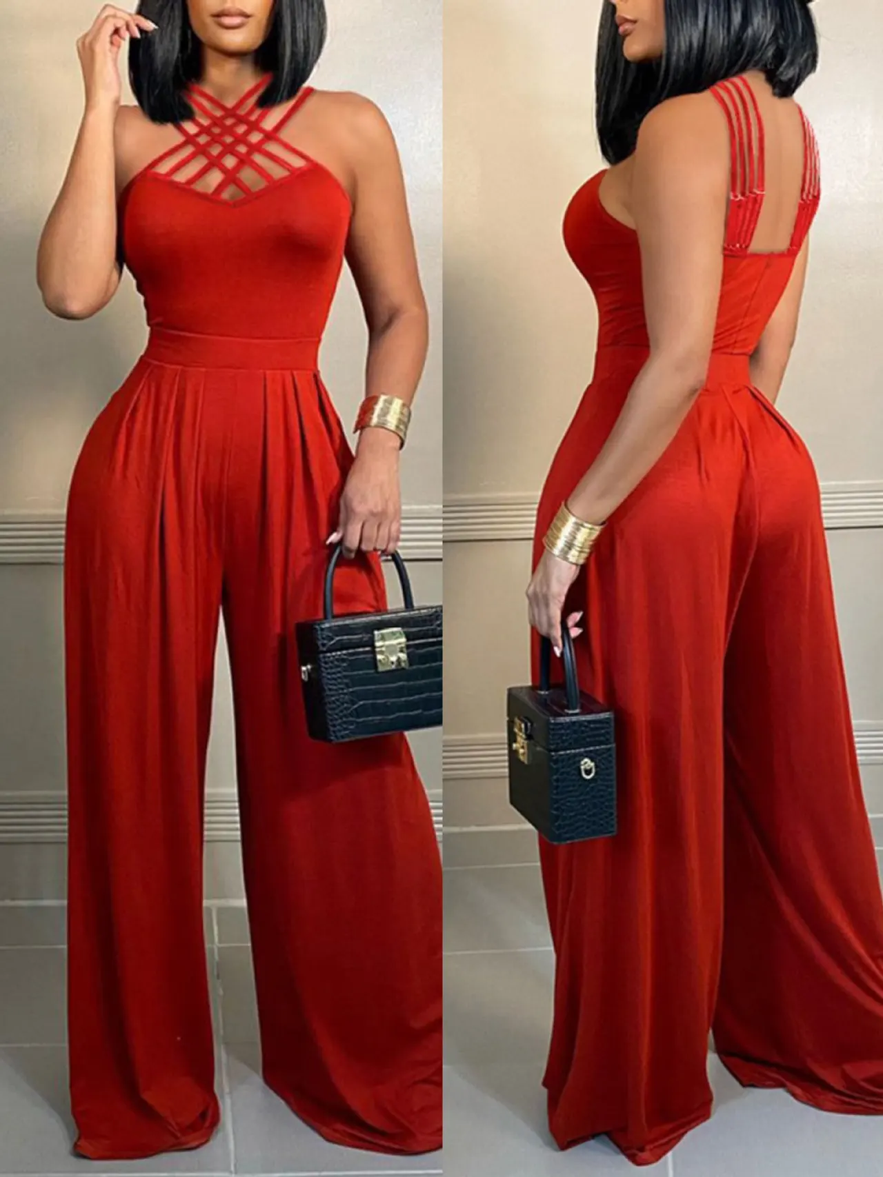 Fashion Multi-strap Cross Wide-leg Jumpsuit - Red