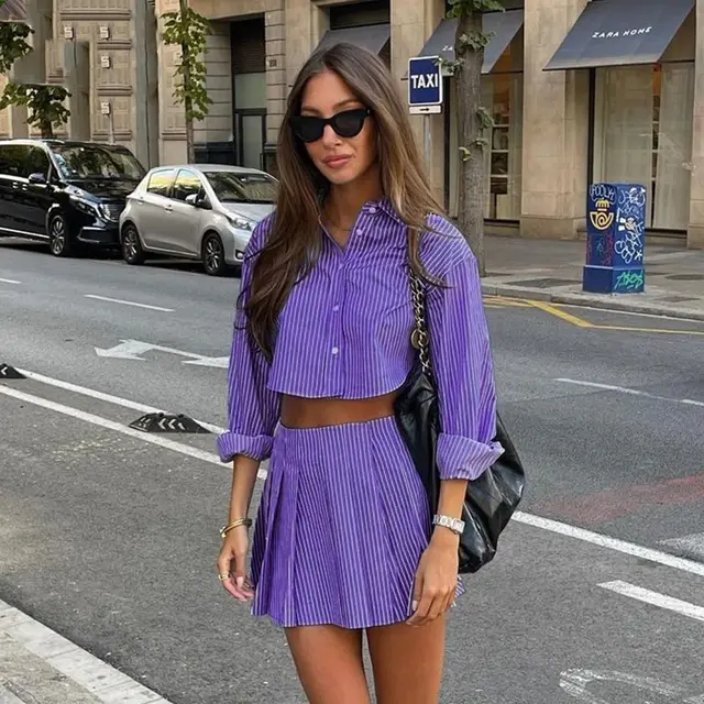 Elegant Blue Striped Women's Two piece Set Fashion Long Sleeve Violet Color - Shop at LoveMi