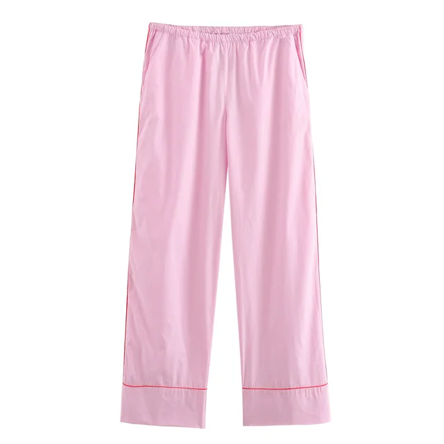 Women's Simple Striped Pajamas Style Shirt Pants Suit Pure Pink Pants - Shop at LoveMi