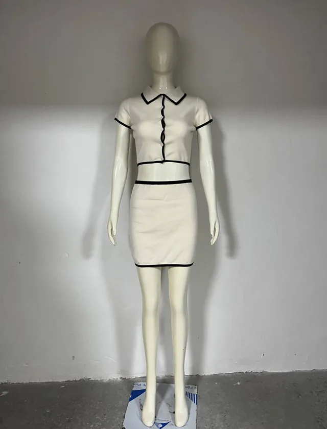 Women's Clothing Short Sleeve Black Contrast Color Trim Knitted Cardigan Sheath Skirt Outfit Apricot - Shop at LoveMi