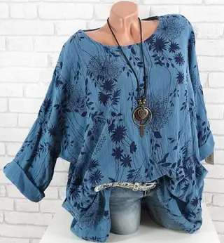 Spring And Autumn New European And American Plus Size Women's Clothes Scoop Small Leaf Printed Cotton And Linen T-shirt - Blue