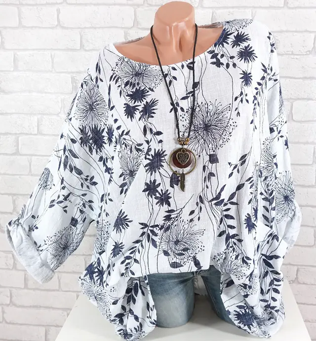 Spring And Autumn New European And American Plus Size Women's Clothes Scoop Small Leaf Printed Cotton And Linen T shirt White - Shop at LoveMi