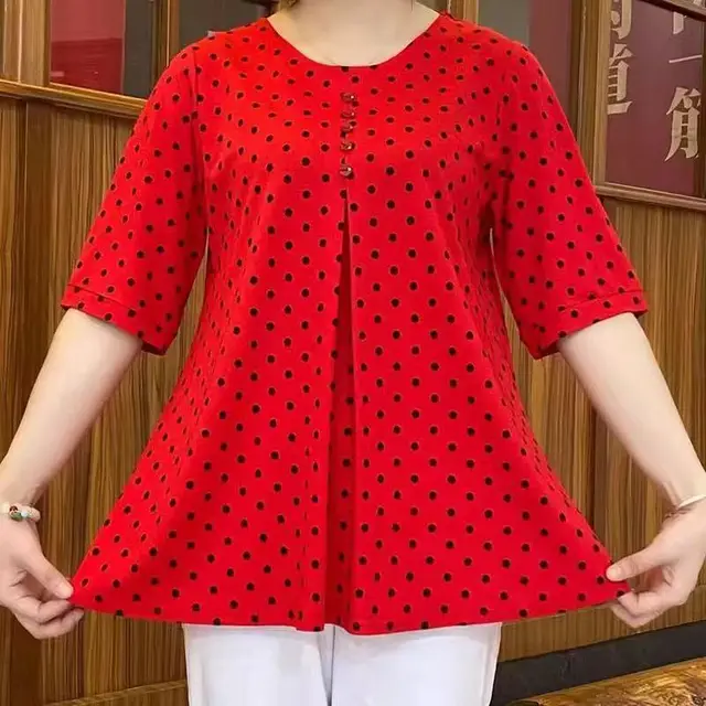 Round Neck Temperament Youthful looking Korean Style Plus Size Medium Long Shirt Women's Polka Dot T shirt Red Dots - Shop at LoveMi