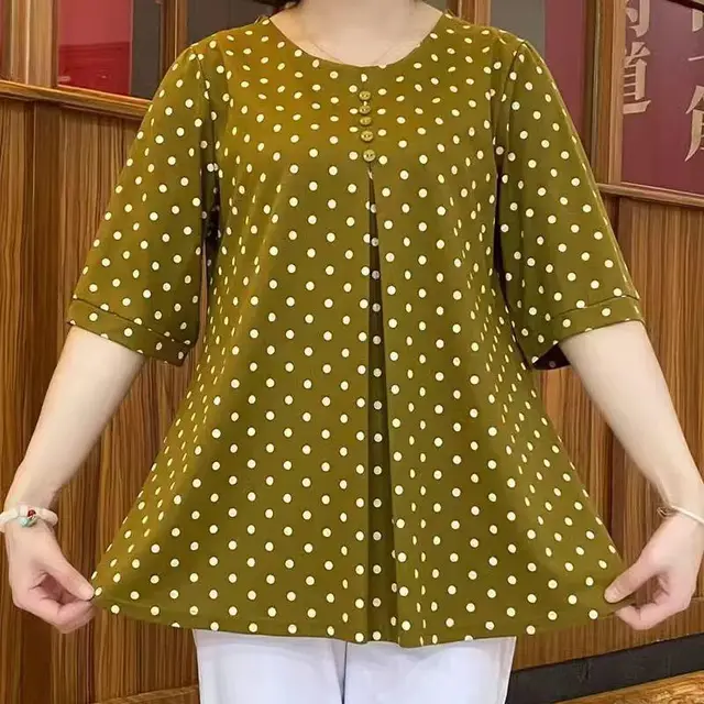 Round Neck Temperament Youthful looking Korean Style Plus Size Medium Long Shirt Women's Polka Dot T shirt Yellow Dots - Shop at LoveMi