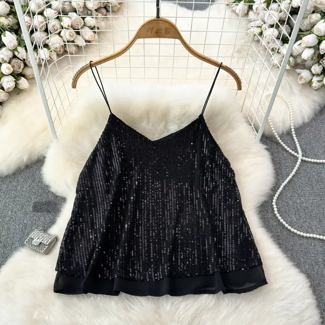Women's Versatile Loose Sequin Camisole Vest Black - Shop at LoveMi