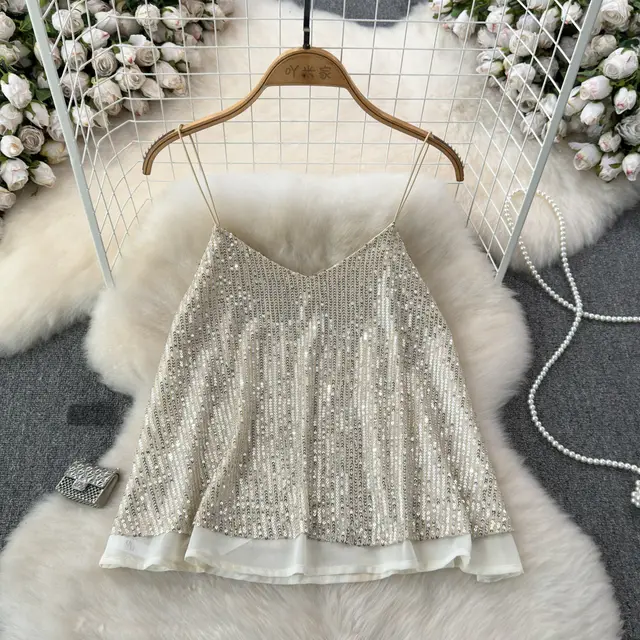 Women's Versatile Loose Sequin Camisole Vest Champagne - Shop at LoveMi