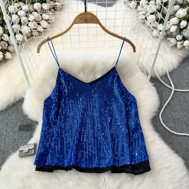 Women's Versatile Loose Sequin Camisole Vest Dark Blue - Shop at LoveMi