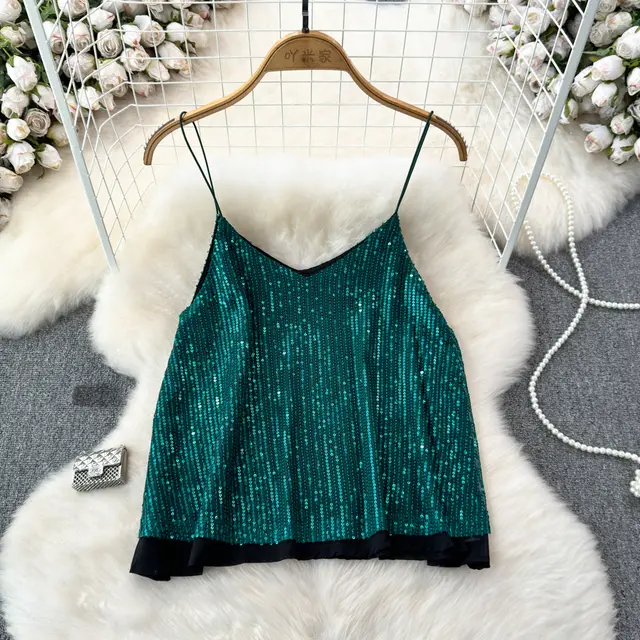 Women's Versatile Loose Sequin Camisole Vest Green - Shop at LoveMi