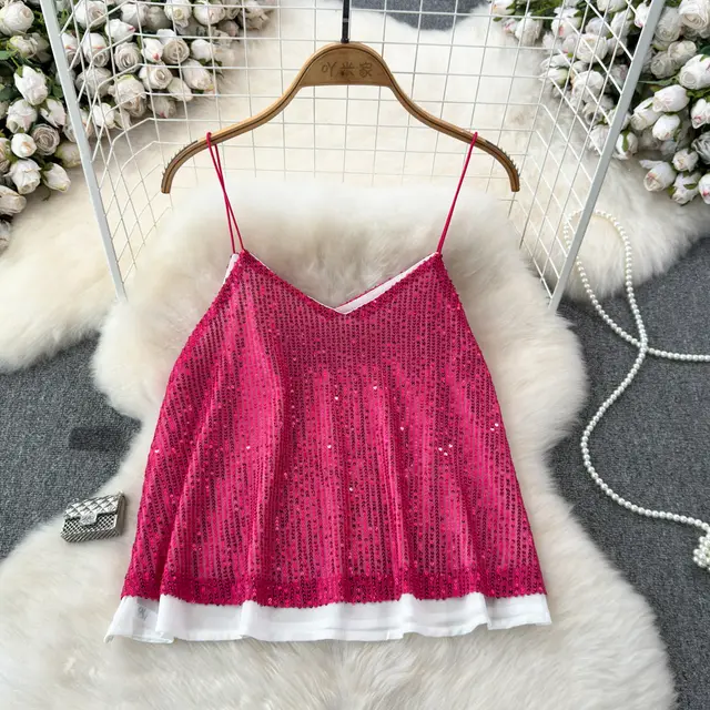 Women's Versatile Loose Sequin Camisole Vest Pink - Shop at LoveMi