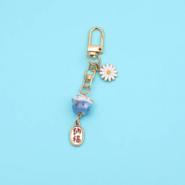 Cute Ceramic Girl Heart Fortune Cat Keychain Lucky Cat Blue - Shop at LoveMi