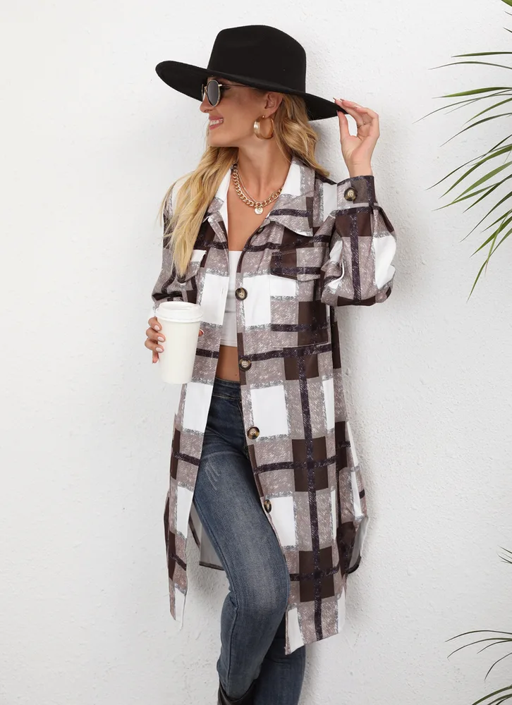 Women's Plaid Single breasted Lapel Long sleeved Coat Brown - Shop at LoveMi