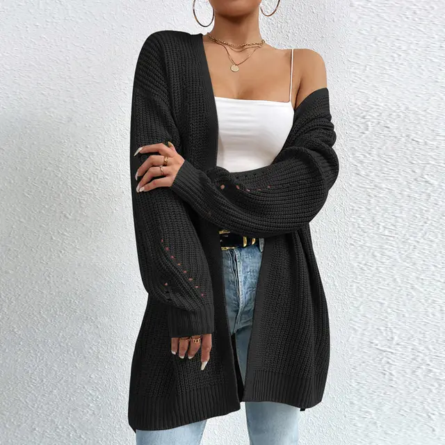 Solid Color SweaterLoose Medium Length Sweater Jacket Knitted Cardigan Black Sweater Coat - Shop at LoveMi