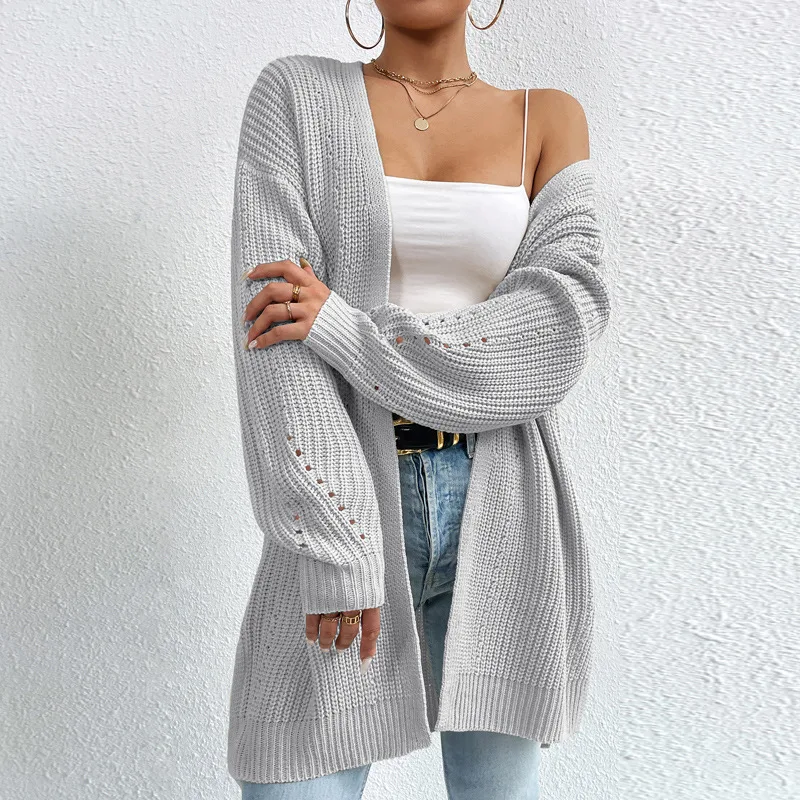 Solid Color SweaterLoose Medium Length Sweater Jacket Knitted Cardigan Gray - Shop at LoveMi