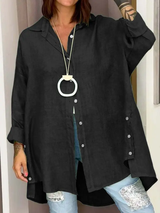 European And American Solid Color Women's Nine quarter Sleeve Cotton And Linen Shirt Black - Shop at LoveMi