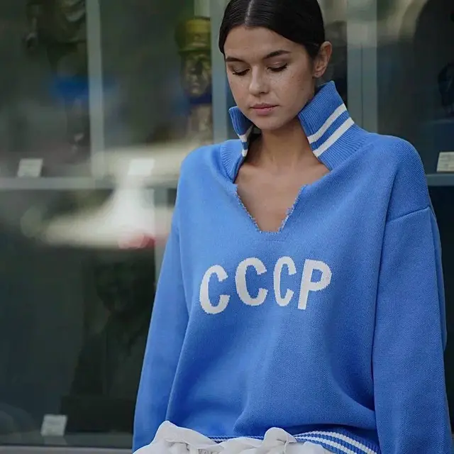 Letter Yarn dyed Hem Tightening Soft Glutinous Sweater Women's Lapel Sapphire Blue - Shop at LoveMi