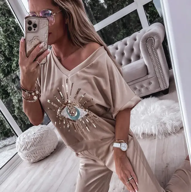 European And American Evil Eye Sequined Pattern Short sleeved Trousers Fashion Casual Set Khaki - Shop at LoveMi