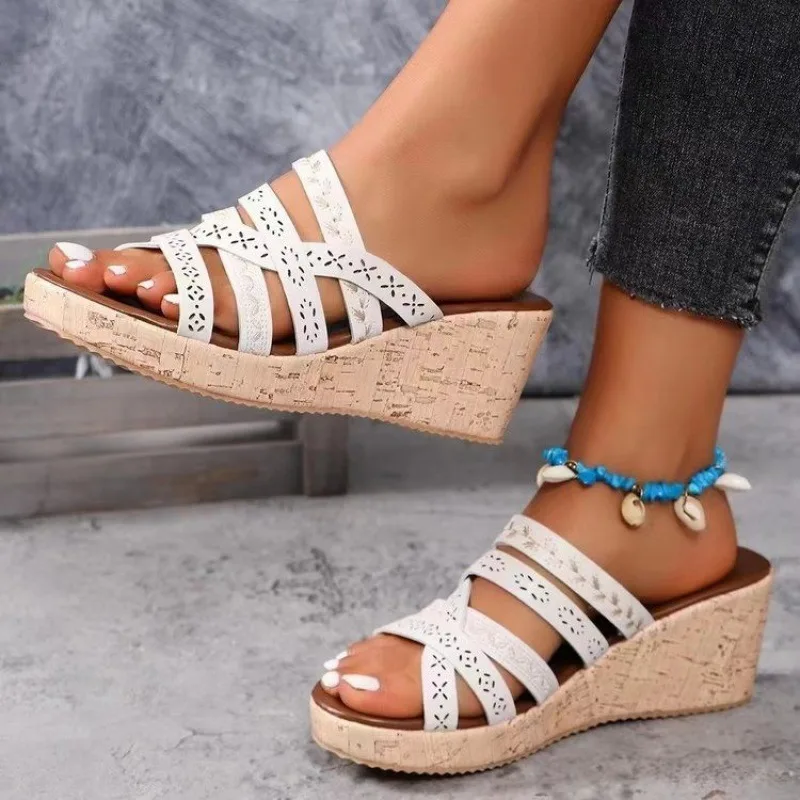 Women's Thick Bottom All match Laser Embroidery Women's Wedge Sandals White - Shop at LoveMi