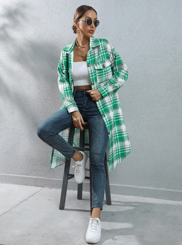 Autumn And Winter Plaid Single breasted Long Trench Coat 109634 Green - Shop at LoveMi