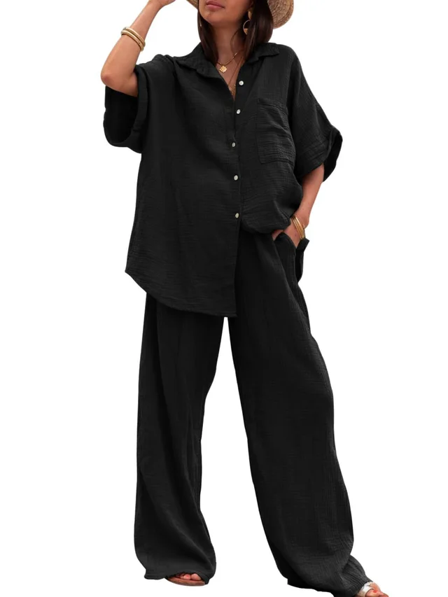 Cotton And Linen Chiffon Suit Short Sleeve Women's Clothing Black - Shop at LoveMi