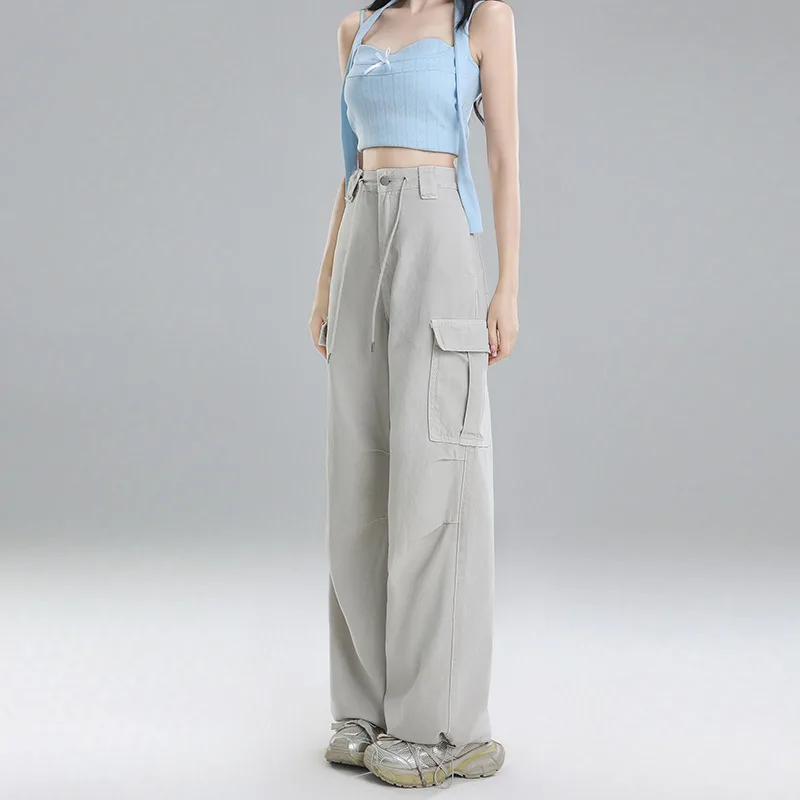 Straight Cargo Jeans Women's Multi pocket Wide leg Pants Apricot Gray - Shop at LoveMi