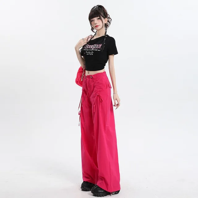 Straight Cargo Pants Women Bow Drawstring Wide Leg Track Pants Rose Red - Shop at LoveMi