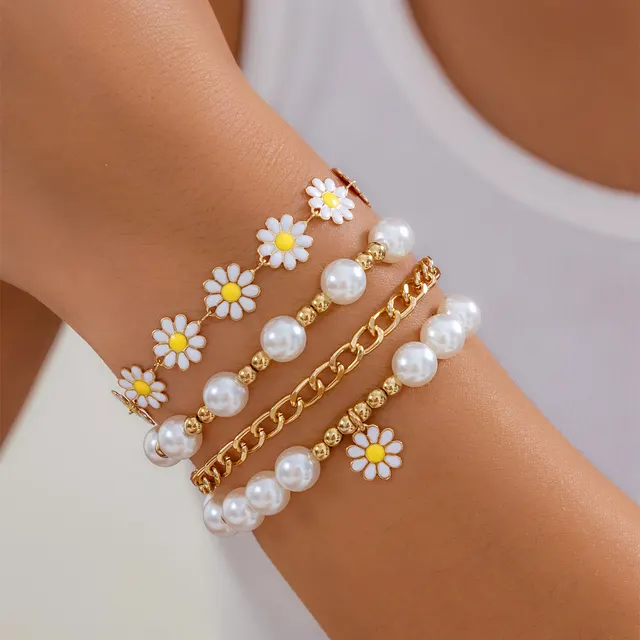 Ins Style Small Golden Beads Pearl Bracelet 4 piece Set Gold - Shop at LoveMi