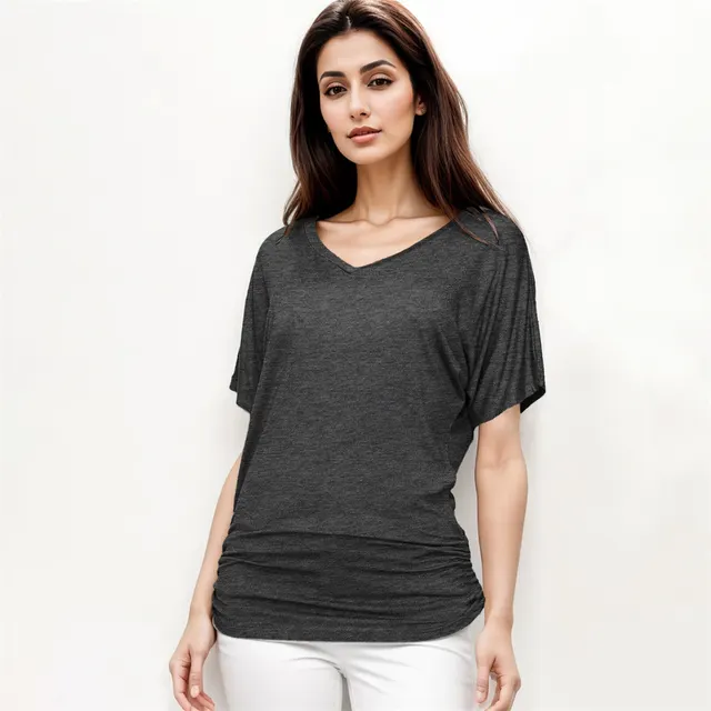 Fashionable Yarn V neck Loose Pleated Top Dark Gray Qr27415 - Shop at LoveMi
