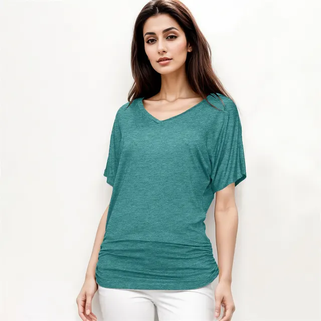 Fashionable Yarn V neck Loose Pleated Top Gray Green Qr27425 - Shop at LoveMi