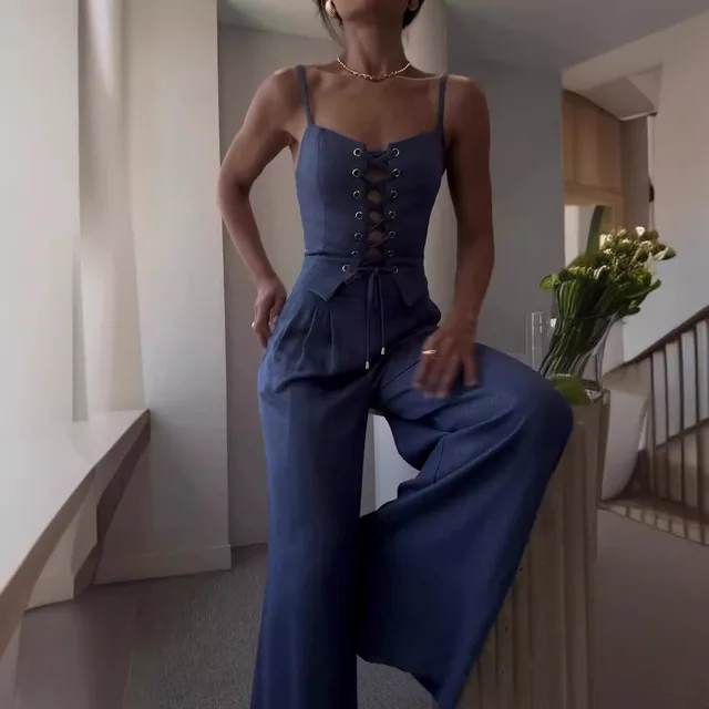 Sexy Hollow Out Strap Top Casual Wide Leg Pants Suit Blue - Shop at LoveMi