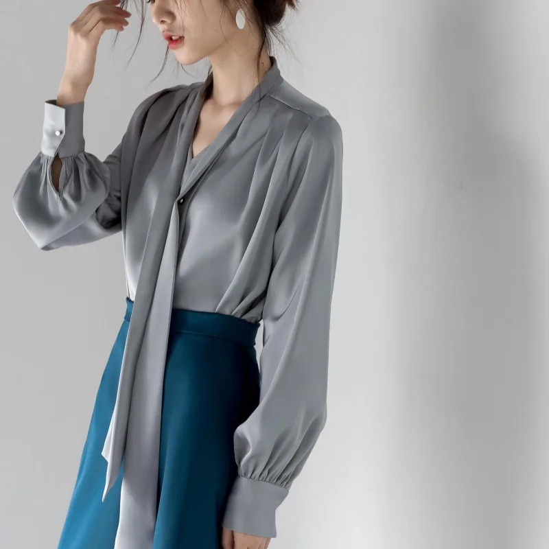 Satin Tie neck Long Sleeve Shirt Simple All match Tops Gray And Blue - Shop at LoveMi