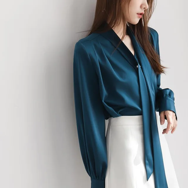 Satin Tie neck Long Sleeve Shirt Simple All match Tops Peacock Blue - Shop at LoveMi