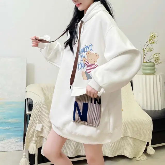 Bear Hooded Sweater Women's Mid length White - Shop at LoveMi