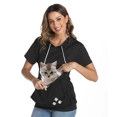 Women's Short sleeved T shirt Hooded Top With Large Pockets Black - Shop at LoveMi